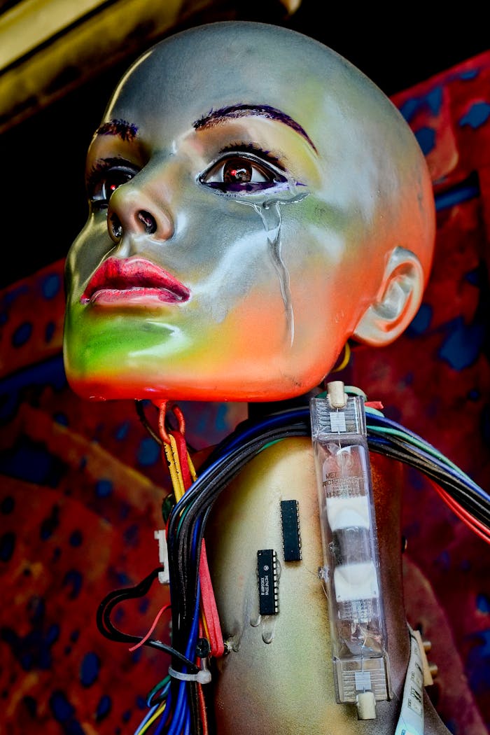 Colorful mannequin head with exposed electronic wiring and circuits, blending artistry and technology.